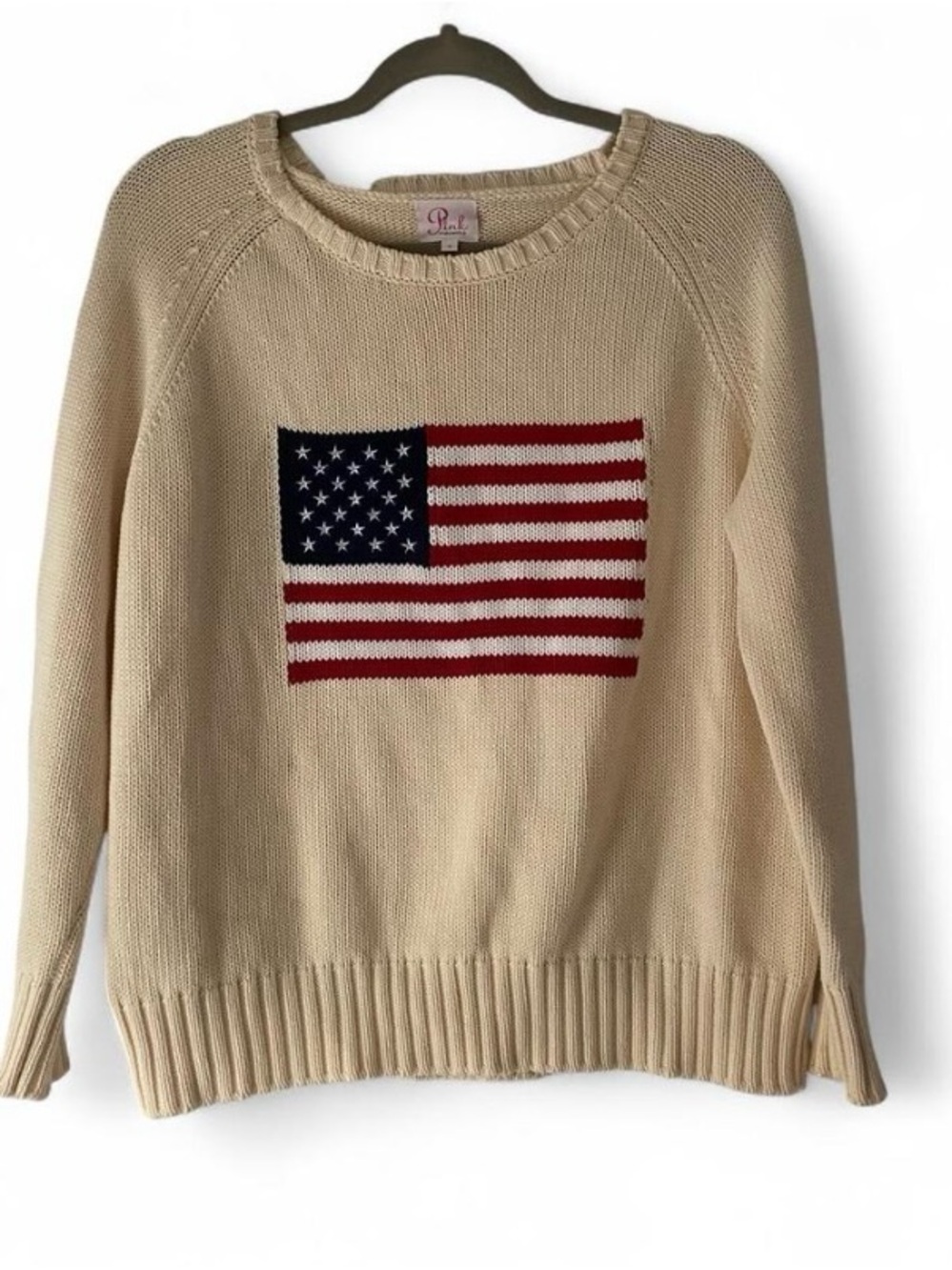 Pink Pineapple American Flag Knit Sweater Women's Small 100% Cotton Cream